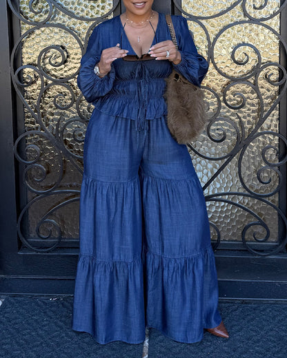 Two-Piece Set Faux Denim Lantern Sleeve Plunge V Neck Lace Up Top and Casua Wide Leg Flared Pants Set
