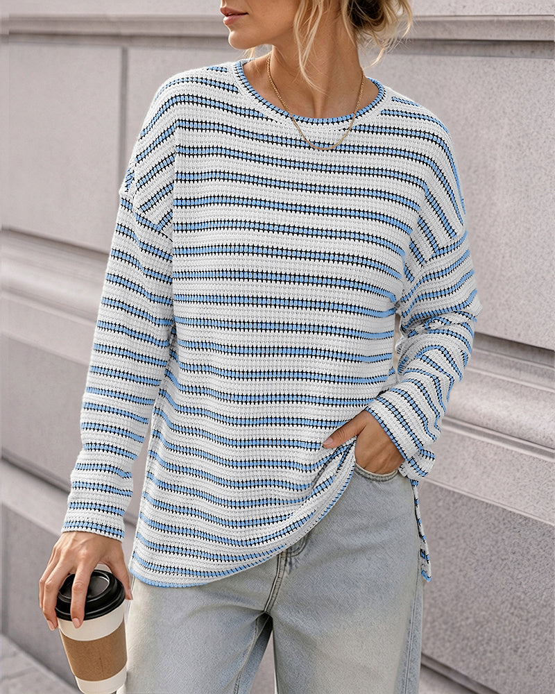Women's Striped Textured Knit Long Sleeve T-Shirt Casual Side Slit Loose Fit Top