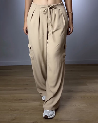 High Waist Drawstring Pleated Front Wide Leg Trousers Casual Flap Pockets Design Cargo Pants