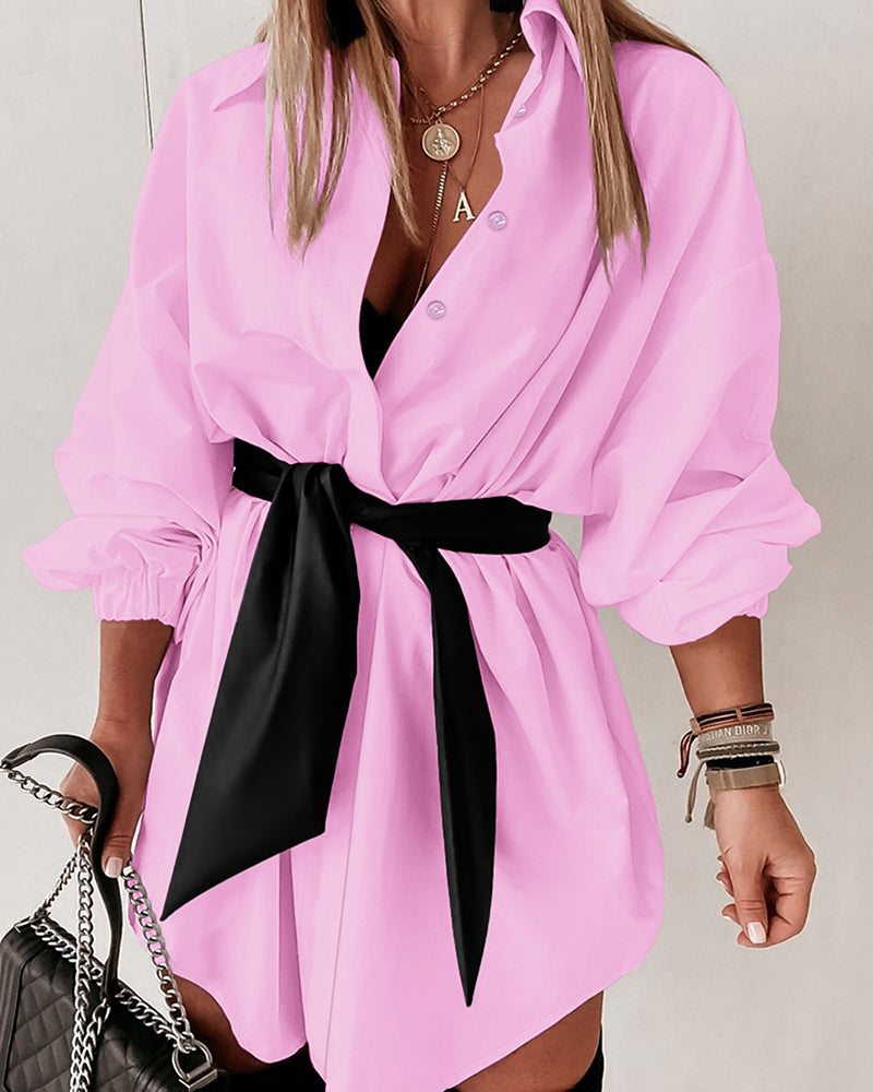 Turn-down Collar Long Sleeve Tied Detail Shirt Dress  Mini Dress with Belt
