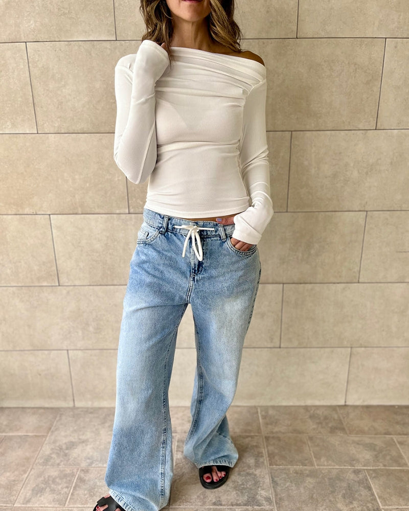 Skew Neck Long Sleeve Ruched Tee Casual Slim Fit Top with Thumb Hole Cuffs