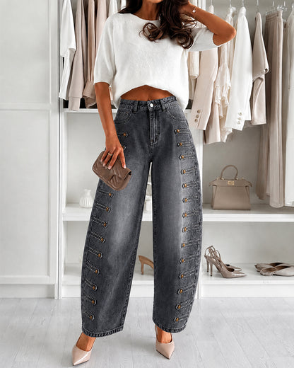 Women's Barrel Jeans High Waisted Side Button Denim Pants Distressed Washed Baggy Trousers Retro Y2K Streetwear