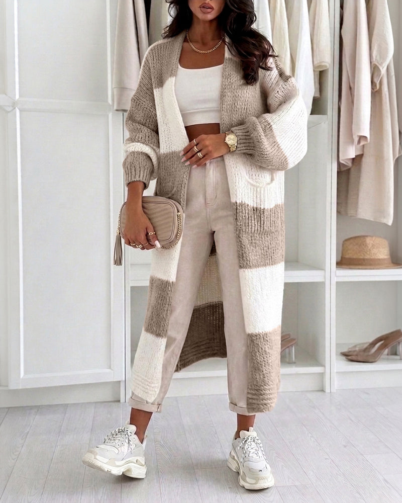 Women's Checkerboard Knit Cardigan Oversized Long Chunky Sweater Loose Lantern Sleeve Coat with Pockets