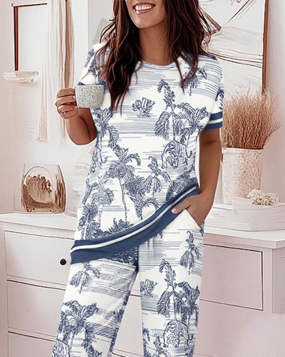 2 Pieces Outfit Short Sleeve Top and Elastic Waist Pants Set Casual Ink Plants & Animal Placement Print Contrast Paneled Pajamas Set