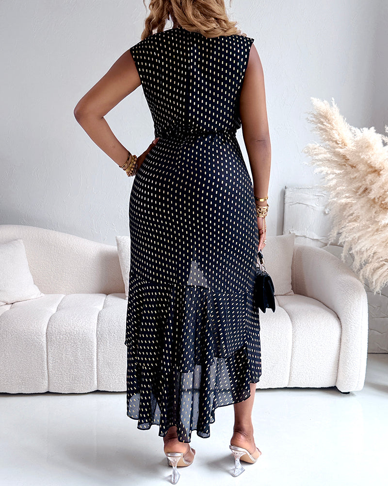 Punching Sleeveless Waist Maxi Dress Elegant Asymmetrical Ruffles Slit Skinny Dress