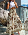 Vintage Plants Print High Waist Shirred Elastic Waist Wide Leg Pants