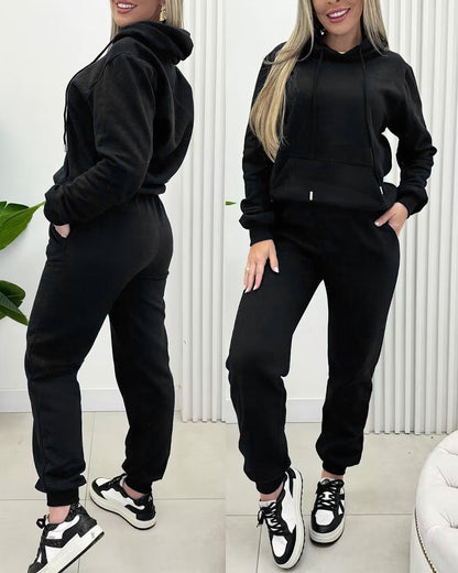 2 Pieces Outfit Kangaroo Pocket Thermal Lined Drawstring Hoodie Sweatshirt and Casual Elastic Waist Cinched Ribbed Cuffs Sporty Sweatpants Set