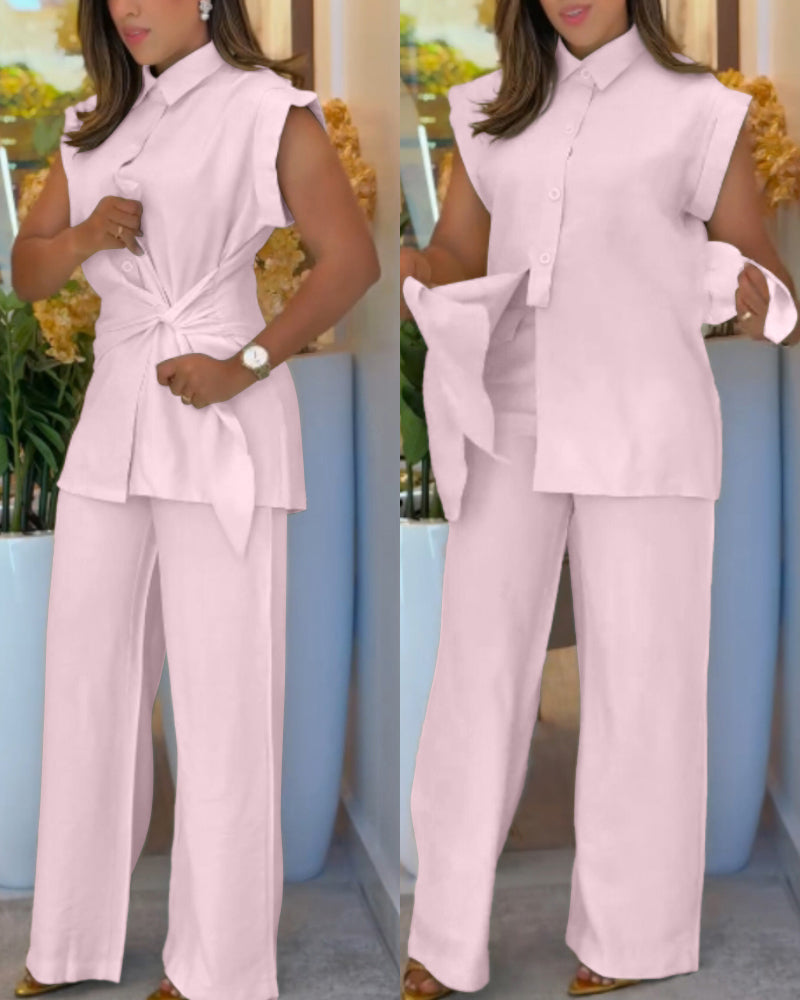 2 Pieces Outfit Turn-down Collar Cap Sleeve Button Front Tied Detail Top and Casual Zipper Fly Elastic Back Waist Wide-Leg Pants Set