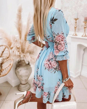 Floral Print Overlap V Neck Three Quarters Sleeve Shirred Waist Ruffle Hem Dress Casual Cinched Waist Flared Cuffs Chiffon Vacation Dress with Lining