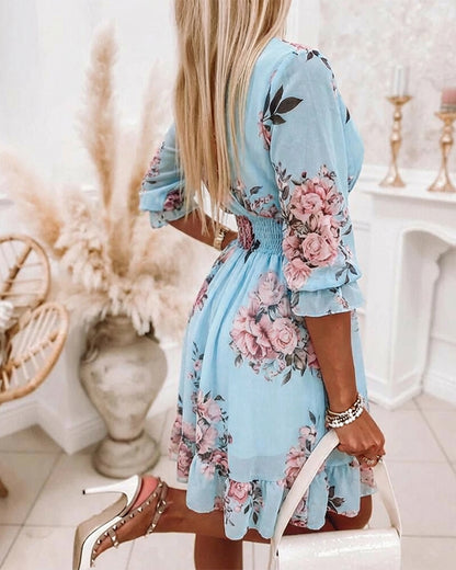 Floral Print Overlap V Neck Three Quarters Sleeve Shirred Waist Ruffle Hem Dress Casual Cinched Waist Flared Cuffs Chiffon Vacation Dress with Lining