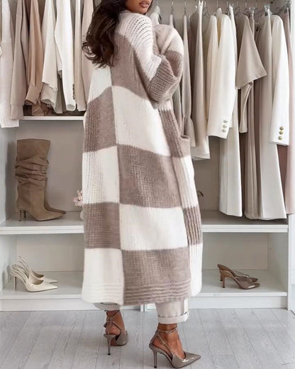 Women's Checkerboard Knit Cardigan Oversized Long Chunky Sweater Loose Lantern Sleeve Coat with Pockets