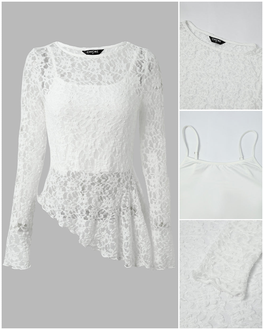 Women's 2 Piece Outfit Sheer Floral Lace Asymmetrical Hem Long Sleeve Top with Cami Top