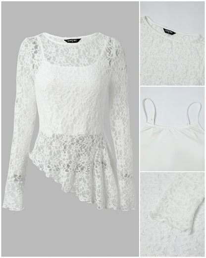 Women's 2 Piece Outfit Sheer Floral Lace Asymmetrical Hem Long Sleeve Top with Cami Top