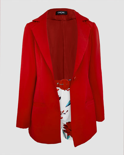 Women's 2-Piece Outfit Single-Breasted Blazer and Floral Print Shorts Set with Belt