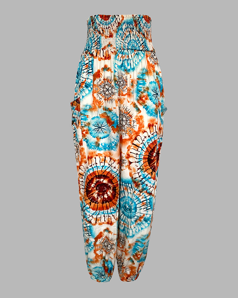 Tie Dye Print Shirred High Waist Cinched Hem Long Pants Vacation Pants with Pocket