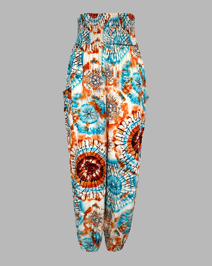 Tie Dye Print Shirred High Waist Cinched Hem Long Pants Vacation Pants with Pocket