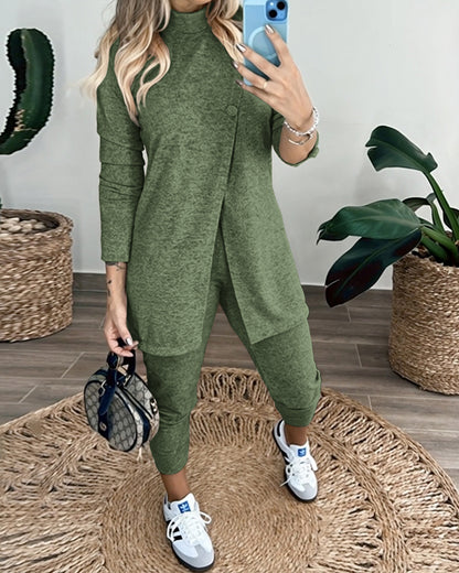 2 Pieces Outfit Mock Neck Long Sleeve Button Decor Slit Mid-Length Top and Stretchy Drawstring High Waist Slim Fit Pants Set