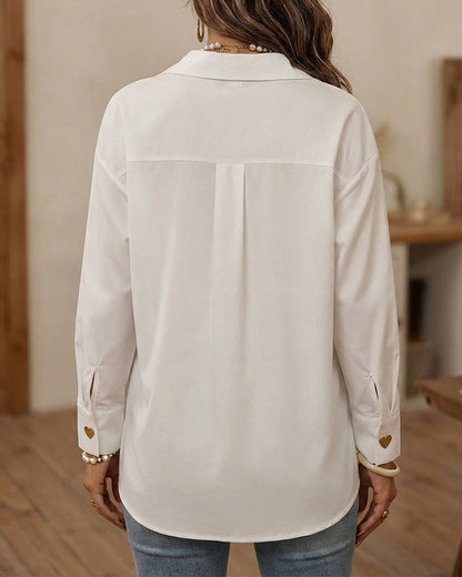 Women's Loose Fit Button-Down Shirt Gold Heart Button Long Sleeve Blouse Casual Top