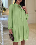 Women's French Style Pleated Chiffon Dress Elegant Tie Neck Lantern Sleeve Ruffle Hem Loose A Line Mini Sundress