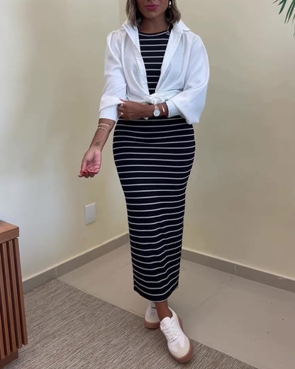 Women's Striped Halter Maxi Dress Sleeveless Ribbed Knit Dress Elegant Back Slit Slim Fit Casual Sundress