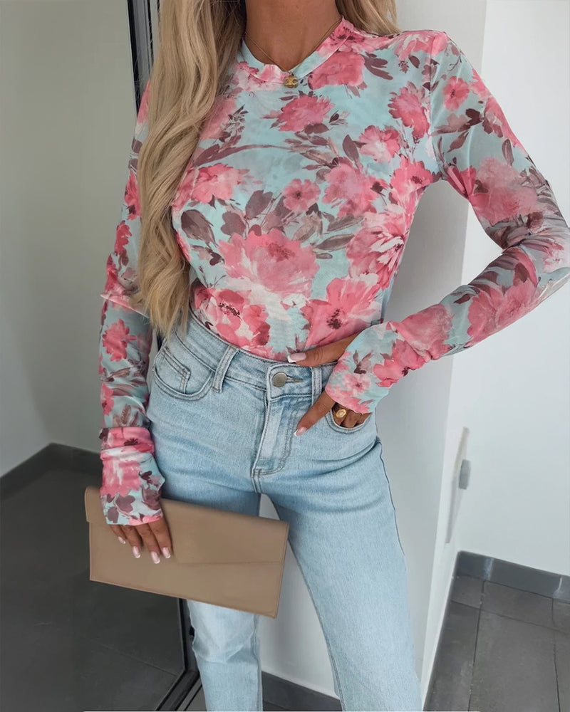 Watercolor Floral Print O-neck Long Sleeve Mesh Tee Slim Fit Semi Sheer Layering Top with Thumb Hole Cuffs