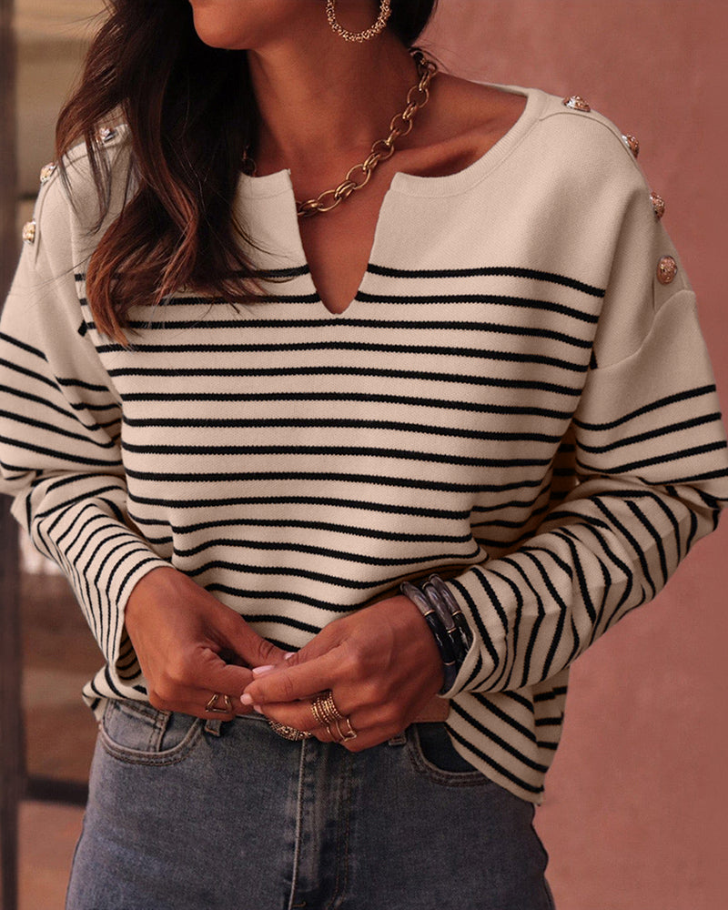 Women's Striped Knit Top Notch Neck Gold Button Drop Shoulder Long Sleeve Sweater