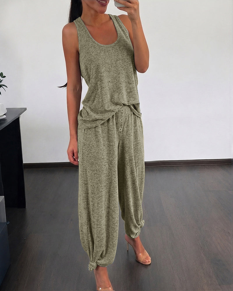 Conjunto informal de descanso de 2 piezas para mujer, con top de tirantes y cuello en U, y pantalones de pierna recta