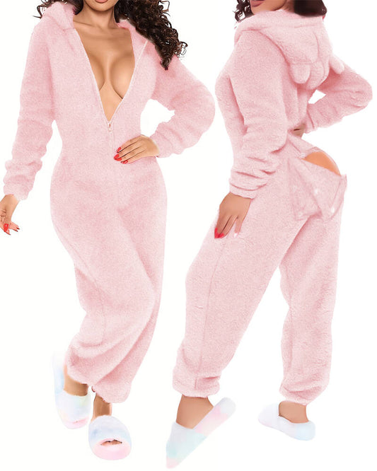 3D Ear Buttoned Flap Functional Fluffy Lounge Jumpsuit