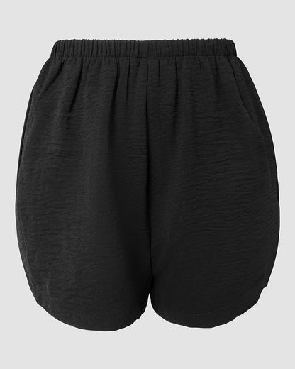 2 Pieces Outfit Notched Collar Lantern Sleeve Button Front Shirred Asymmetrical Ruffle Hem Top and Casual Elastic Waist Shorts Set With Belt