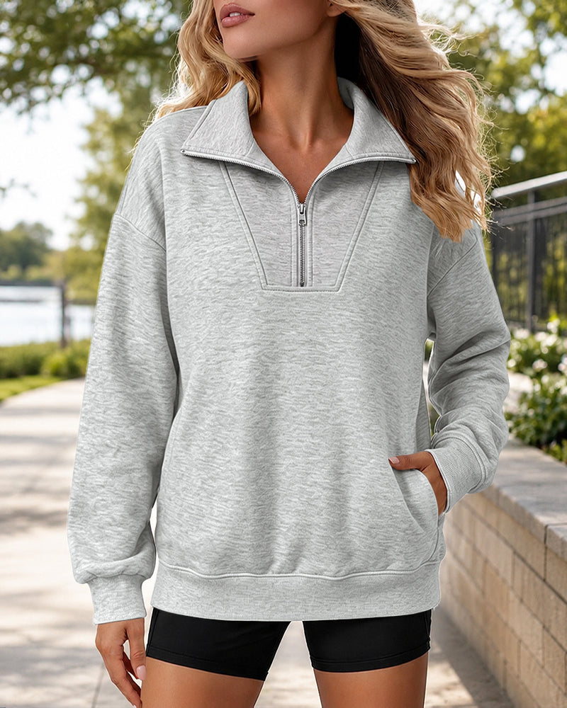 Women's Half Zip Sweatshirt Loose Dropped Shoulder Pullover Casual Top with Pockets