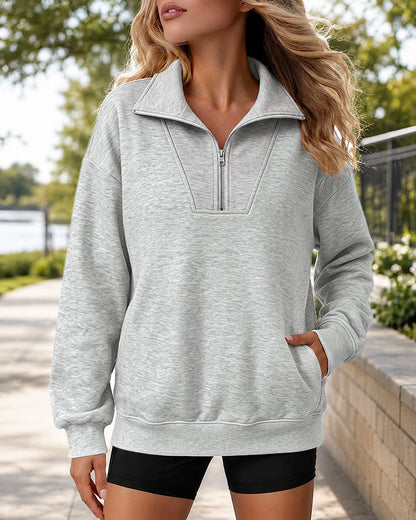 Women's Half Zip Sweatshirt Loose Dropped Shoulder Pullover Casual Top with Pockets