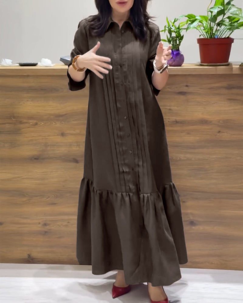 Turn-down Collar Pleated Design Button Down Slit Shirt Dress Casual Ruffle Hem Maxi Dress