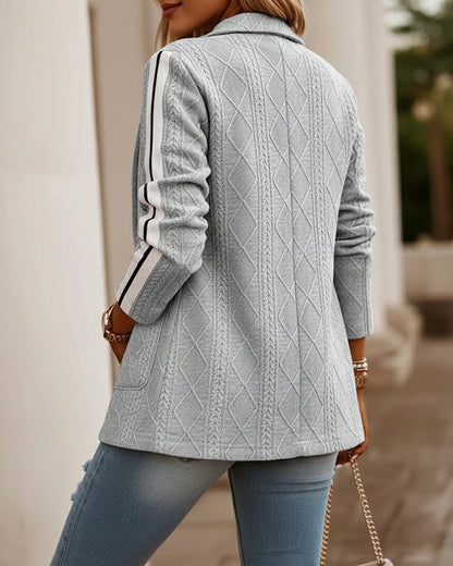 Women's Casual Knit Blazer Argyle Cable Jacquard Contrast Side Striped Coat Loose Fit Single Breasted Blazer