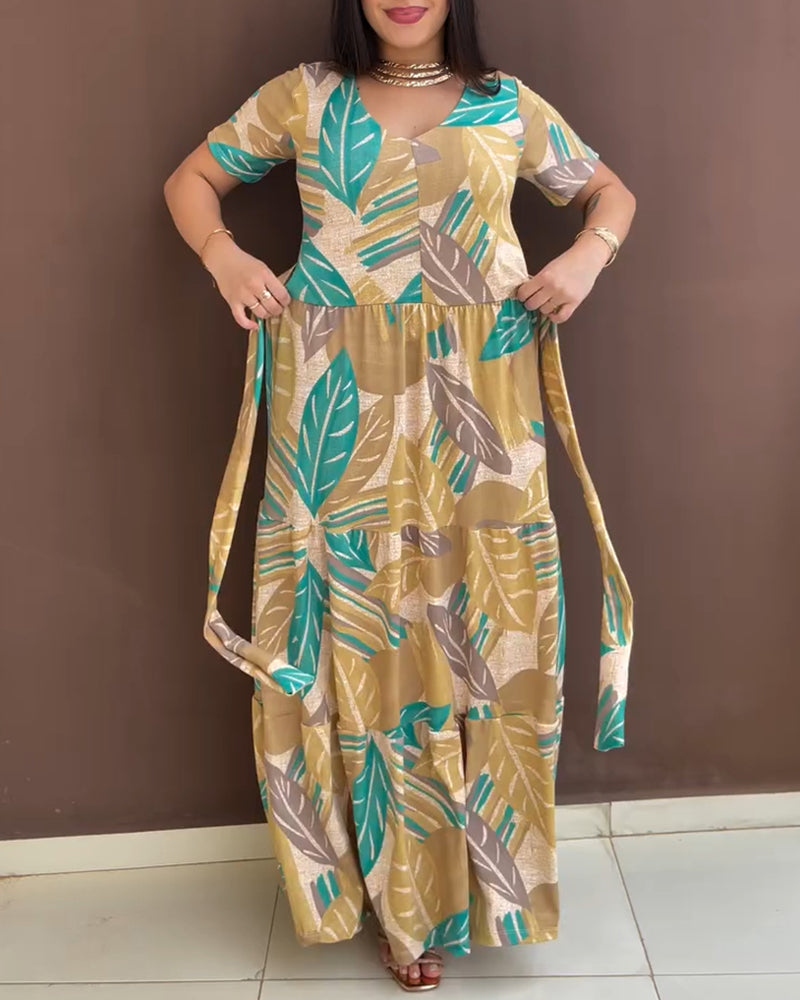 Plants Print Short Sleeve Tied Detail Maxi Dress Casual Waist Flowy A Line Dress