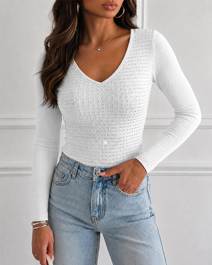 Top de manga larga con escote en V y brillantes para mujer, de punto acanalado, corte ajustado, ideal como prenda informal y para llevar en capas