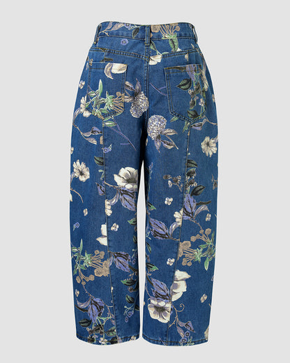 Damen-Jeans mit Vintage-Blumenmuster, Baggy-Jeans, lässige, hoch taillierte, verkürzte Barrel-Jeans