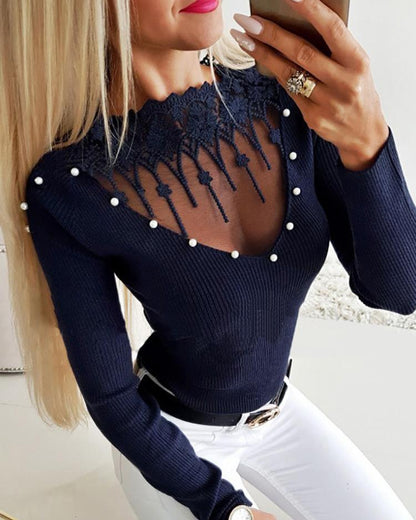 Pearls Decor Boat Neck Crochet Lace Trim Sheer Mesh Spliced Sweater Slim Fit Knit Top