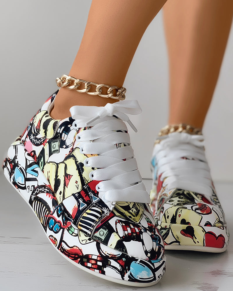 Lace-up Front Painting Print Platform Sneakers