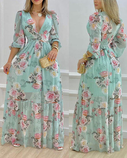 Floral Print Deep V Neck Lantern Sleeve Cinched Waist Maxi Dress Shirred Back Ruffle Hem A Line Dress