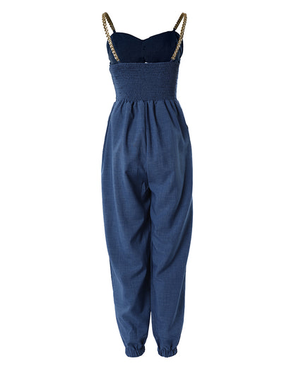 Women's Chain Strap Jumpsuit Hollow Out Shirred Waist Overalls Casual Jogger Jumpsuit with Pockets