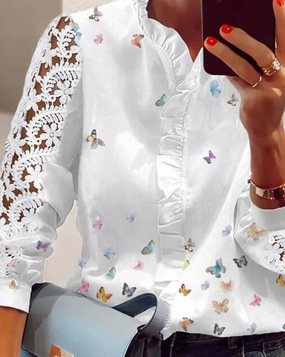 Lace Butterfly Print V-Neck Long Sleeve Patchwork Casual Blouse