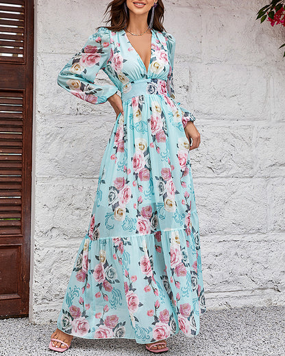 Floral Print Deep V Neck Lantern Sleeve Cinched Waist Maxi Dress Shirred Back Ruffle Hem A Line Dress