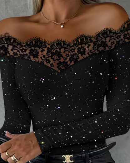 Glitter Off Shoulder Eyelash Lace Patch Top