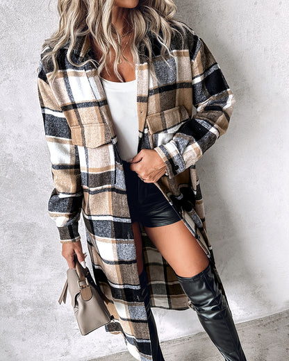 Plaid Print Buttoned Pocket Design Longline Coat