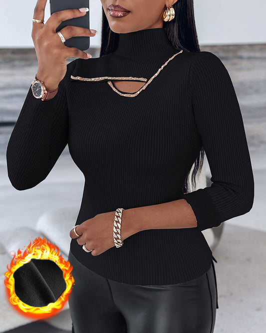 High Neck Long Sleeve Beaded Knit Sweater Hollow-out Fleece Lined Basic Layering Soft Versatile Thermal Top