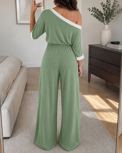 Women's 2 Piece Set Convertible Boat Neck Contrast Binding Top and Wide-Leg Pants with Pockets