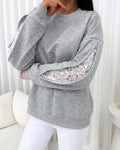 Women's Lace Patchwork Sweatshirt Crewneck Long Sleeve Pullover Slit Sleeve Casual Loose Fit Top