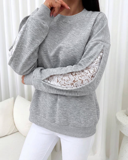 Women's Lace Patchwork Sweatshirt Crewneck Long Sleeve Pullover Slit Sleeve Casual Loose Fit Top