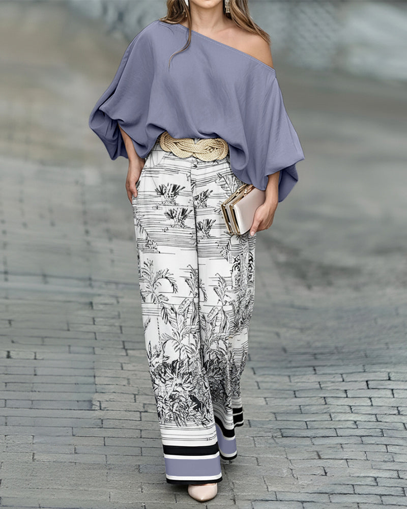 2 Pieces Outfit Skew Neck Batwing Sleeve Loose Fit Top and Plants Print Zipper Fly Colorblock Striped Trim Wide Leg Pants Set without Belt