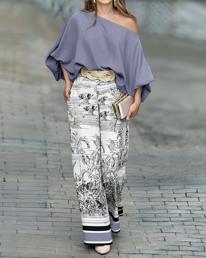 2 Pieces Outfit Skew Neck Batwing Sleeve Loose Fit Top and Plants Print Zipper Fly Colorblock Striped Trim Wide Leg Pants Set without Belt